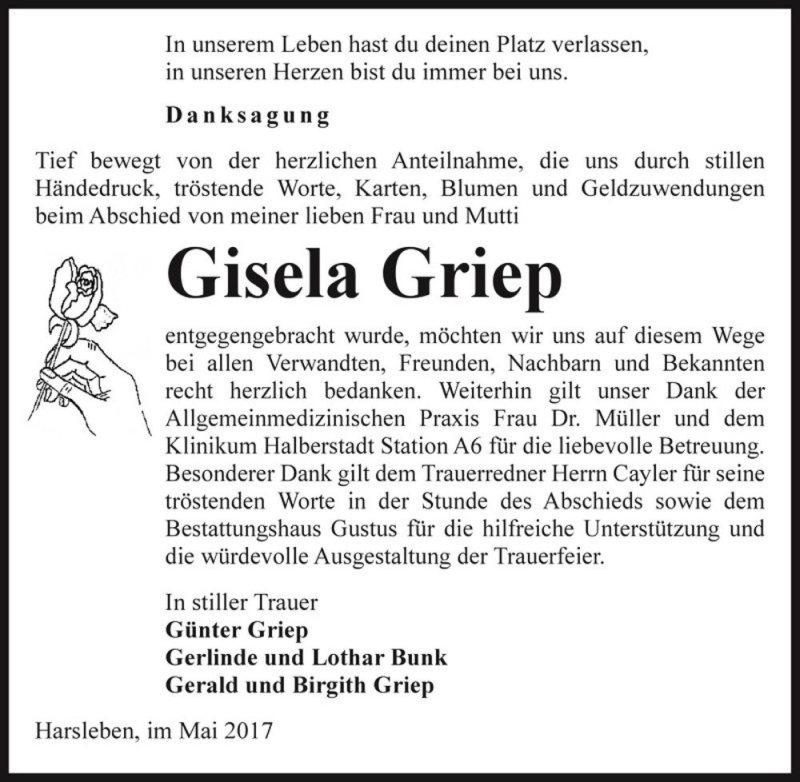  Traueranzeige für Gisela Griep  vom 20.05.2017 aus Magdeburger Volksstimme