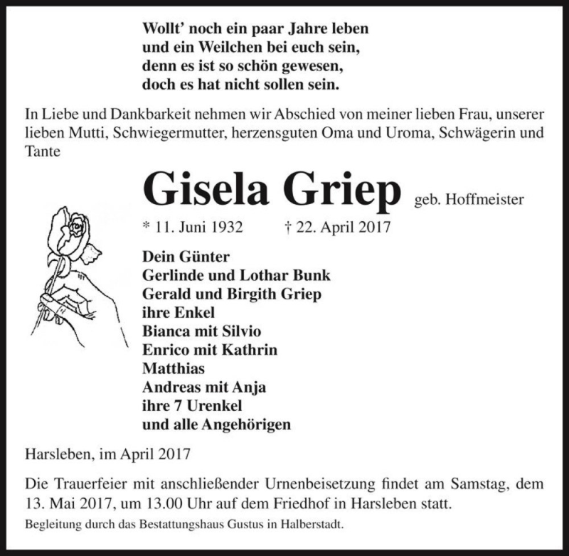  Traueranzeige für Gisela Griep (geb. Hoffmeister)  vom 29.04.2017 aus Magdeburger Volksstimme