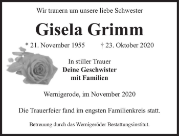 Traueranzeige von Gisela Grimm  von Magdeburger Volksstimme