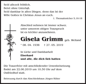 Traueranzeige von Gisela Grimm (geb. Weiland)  von Magdeburger Volksstimme