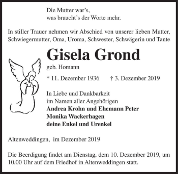 Traueranzeige von Gisela Grond (geb. Homann)  von Magdeburger Volksstimme