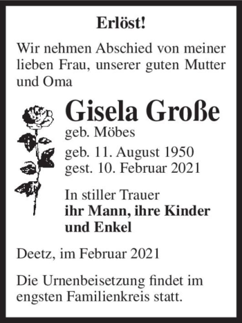 Traueranzeige von Gisela Große (geb. Möbes)  von Magdeburger Volksstimme