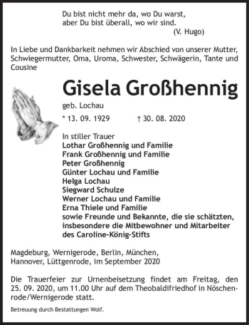 Traueranzeige von Gisela Großhennig (geb. Lochau)  von Magdeburger Volksstimme