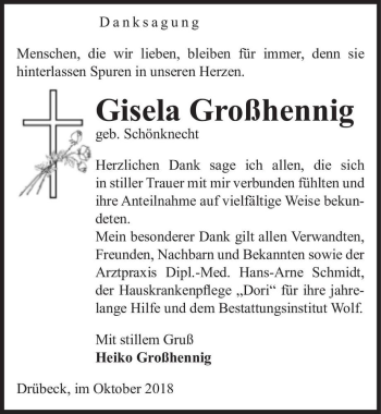Traueranzeige von Gisela Großhennig (geb. Schönknecht)  von Magdeburger Volksstimme