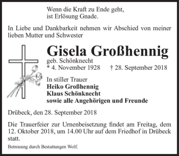 Traueranzeige von Gisela Großhennig (geb. Schönknecht)  von Magdeburger Volksstimme