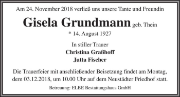 Traueranzeige von Gisela Grundmann (geb. Thein)  von Magdeburger Volksstimme