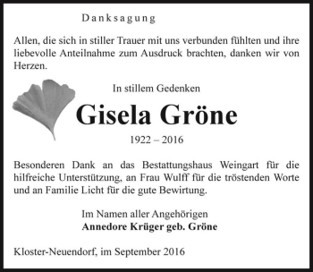 Traueranzeige von Gisela Gröne  von Magdeburger Volksstimme