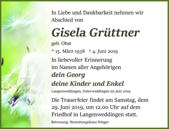 Traueranzeige von Gisela Grüttner (geb. Obst)  von Magdeburger Volksstimme
