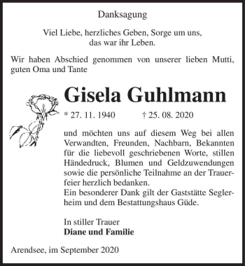 Traueranzeige von Gisela Guhlmann  von Magdeburger Volksstimme