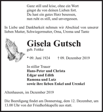 Traueranzeige von Gisela Gutsch (geb. Fettke)  von Magdeburger Volksstimme