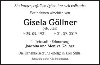 Traueranzeige von Gisela Göllner (geb. Stein)  von Magdeburger Volksstimme