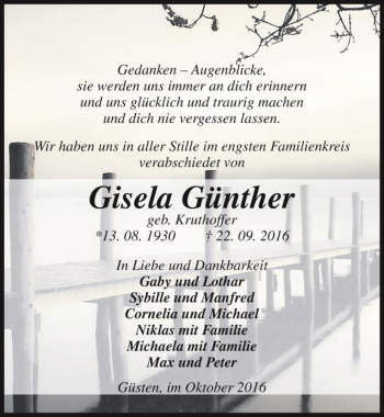 Traueranzeige von Gisela Günther (geb. Kruthoffer)  von Magdeburger Volksstimme