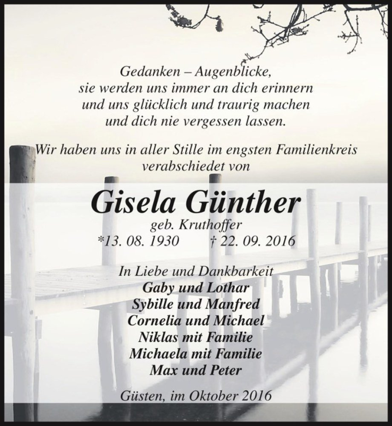  Traueranzeige für Gisela Günther (geb. Kruthoffer)  vom 14.10.2016 aus Magdeburger Volksstimme