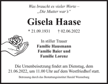 Traueranzeige von Gisela Haase  von Magdeburger Volksstimme