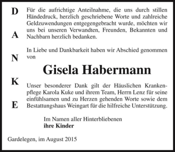Traueranzeige von Gisela Habermann  von Magdeburger Volksstimme