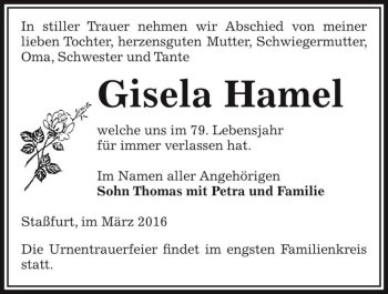 Traueranzeige von Gisela Hamel  von Magdeburger Volksstimme
