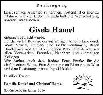 Traueranzeige von Gisela Hamel  von Magdeburger Volksstimme