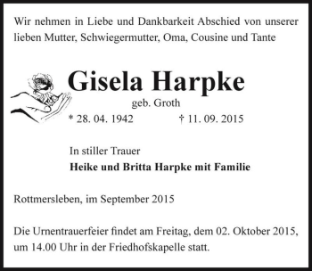 Traueranzeige von Gisela Harpke (geb. Groth)  von Magdeburger Volksstimme