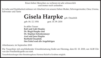 Traueranzeige von Gisela Harpke (geb. Ossadnik)  von Magdeburger Volksstimme