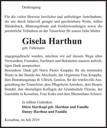 Traueranzeige von Gisela Harthun (geb. Fuhrmann)  von Magdeburger Volksstimme