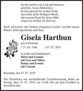 Traueranzeige von Gisela Harthun (geb. Fuhrmann)  von Magdeburger Volksstimme