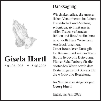 Traueranzeige von Gisela Hartl  von Magdeburger Volksstimme