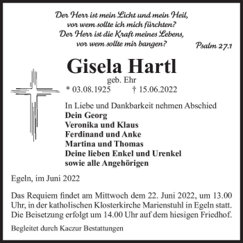 Traueranzeige von Gisela Hartl (geb. Ehr)  von Magdeburger Volksstimme