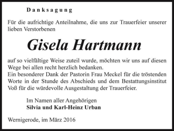 Traueranzeige von Gisela Hartmann  von Magdeburger Volksstimme