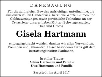 Traueranzeige von Gisela Hartmann  von Magdeburger Volksstimme