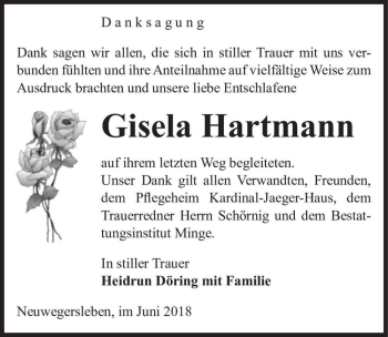 Traueranzeige von Gisela Hartmann  von Magdeburger Volksstimme