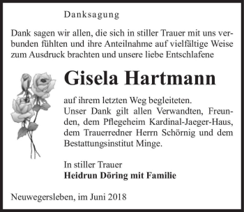 Traueranzeige von Gisela Hartmann  von Magdeburger Volksstimme