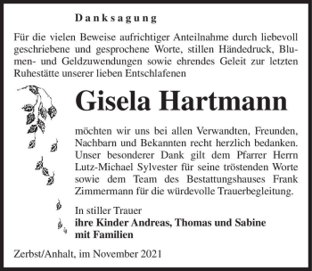 Traueranzeige von Gisela Hartmann  von Magdeburger Volksstimme