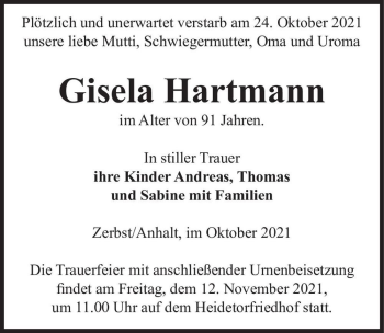Traueranzeige von Gisela Hartmann  von Magdeburger Volksstimme