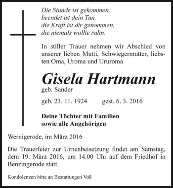 Traueranzeige von Gisela Hartmann (geb. Sander)  von Magdeburger Volksstimme