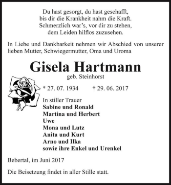 Traueranzeige von Gisela Hartmann (geb. Steinhorst)  von Magdeburger Volksstimme