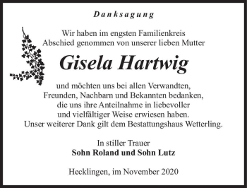 Traueranzeige von Gisela Hartwig  von Magdeburger Volksstimme
