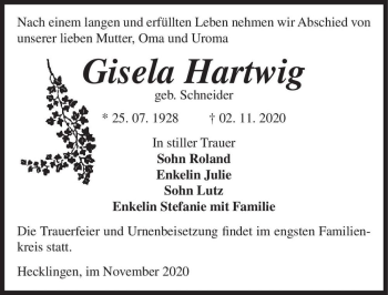 Traueranzeige von Gisela Hartwig (geb. Schneider)  von Magdeburger Volksstimme