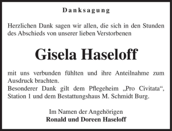 Traueranzeige von Gisela Haseloff  von Magdeburger Volksstimme