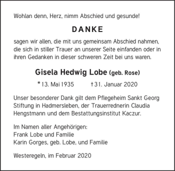 Traueranzeige von Gisela Hedwig Lobe (geb. Rose)  von Magdeburger Volksstimme
