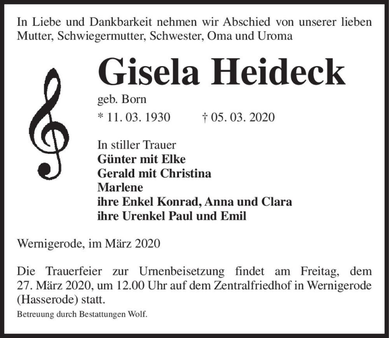  Traueranzeige für Gisela Heideck (geb. Born)  vom 14.03.2020 aus Magdeburger Volksstimme