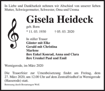 Traueranzeige von Gisela Heideck (geb. Born)  von Magdeburger Volksstimme
