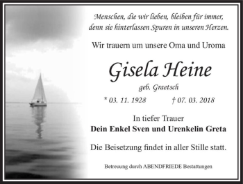 Traueranzeige von Gisela Heine (geb. Graetsch)  von Magdeburger Volksstimme