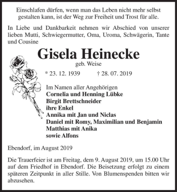 Traueranzeige von Gisela Heinecke (geb. Weise)  von Magdeburger Volksstimme