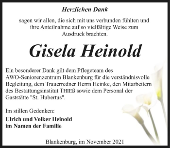 Traueranzeige von Gisela Heinold  von Magdeburger Volksstimme