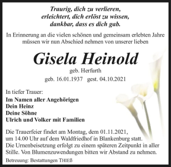 Traueranzeige von Gisela Heinold (geb. Herfurth)  von Magdeburger Volksstimme
