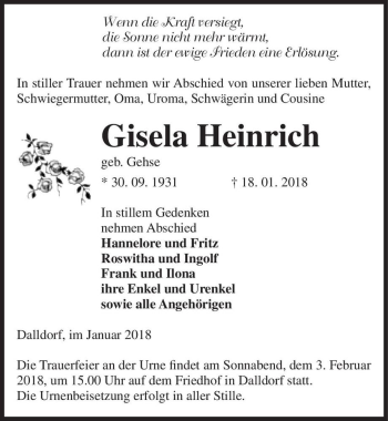 Traueranzeige von Gisela Heinrich (geb. Gehse)  von Magdeburger Volksstimme