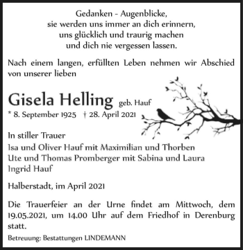 Traueranzeige von Gisela Helling (geb. Hauf)  von Magdeburger Volksstimme