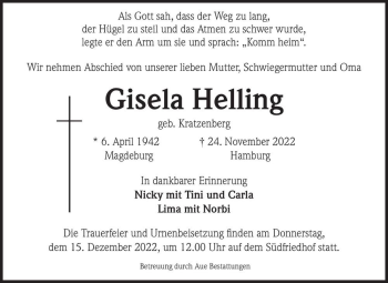 Traueranzeige von Gisela Helling (geb. Kratzenberg)  von Magdeburger Volksstimme