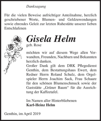 Traueranzeige von Gisela Helm (geb. Rose)  von Magdeburger Volksstimme
