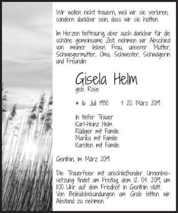 Traueranzeige von Gisela Helm (geb. Rose)  von Magdeburger Volksstimme